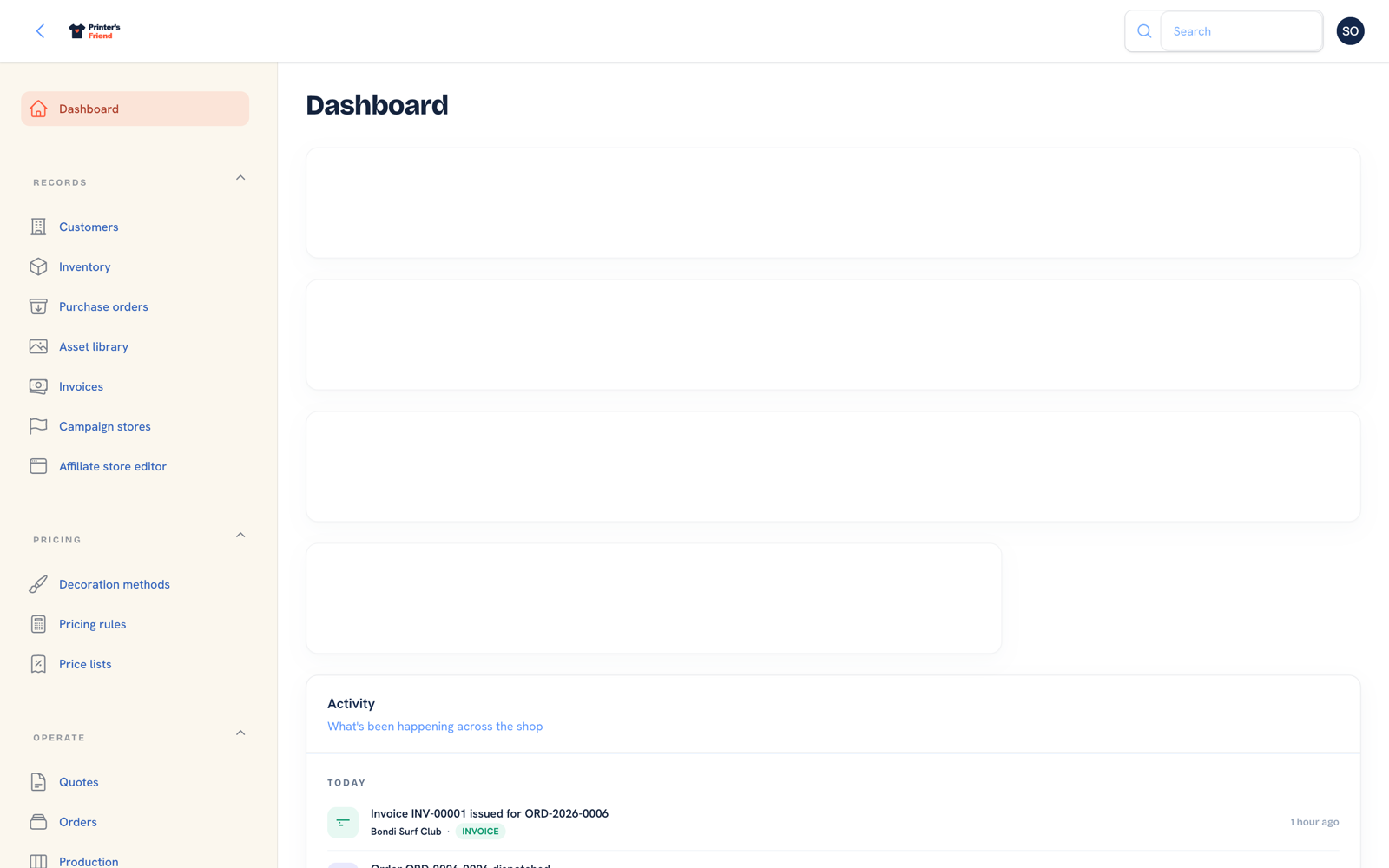 Workspace dashboard showing due orders, awaiting approval and unpaid invoice counts