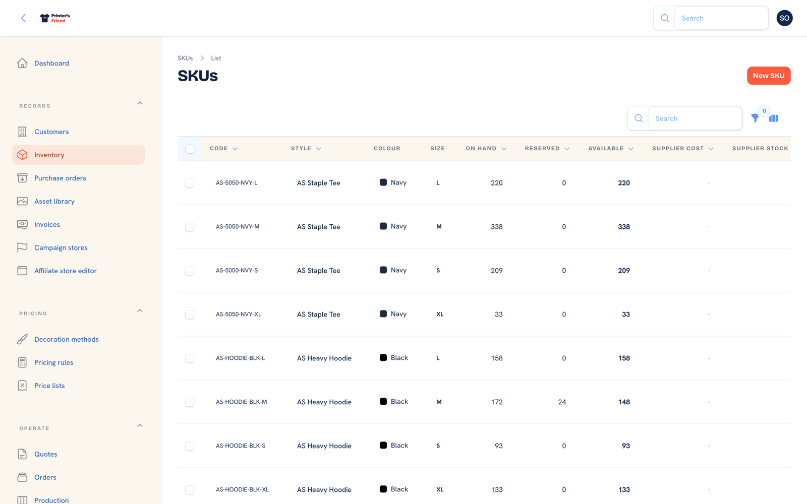 SKU inventory screen showing garment styles, sizes, colours and stock on hand
