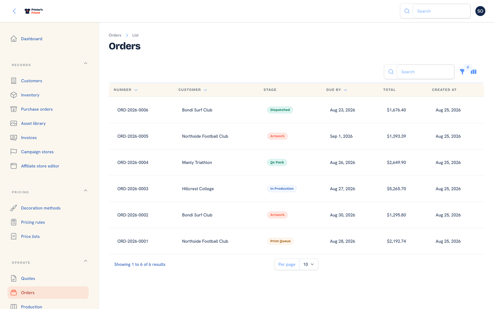 Orders list showing order numbers, customers, stages, unit counts and due dates